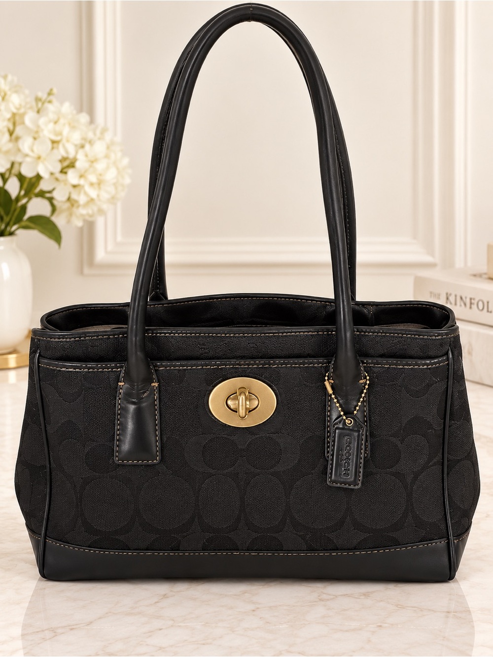Coach Hamptons Madeline Signature C Black Canvas Leather Tote Bag 11557